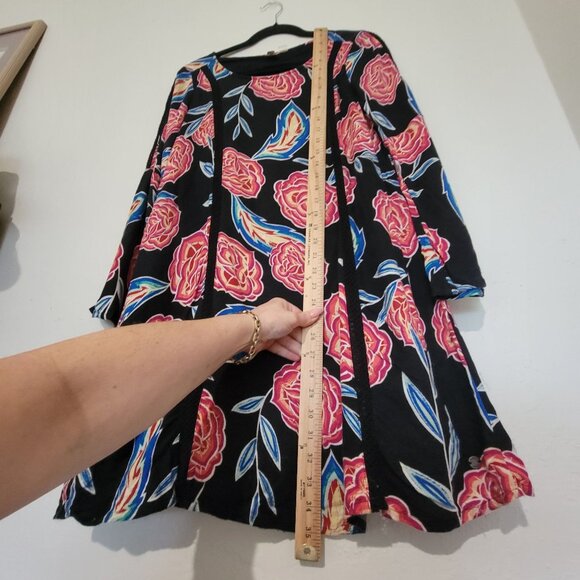 Roxy Bell Sleeve Floral Print Shift Dress-M Boho Sheer Net Lace Inset - Picture 12 of 12